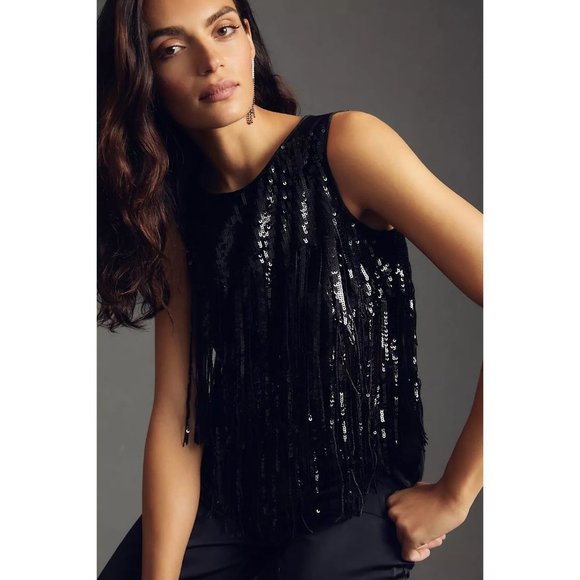 Eva Franco Tops - Anthropologie Eva Franco Black Sequin Crop Top with Fringes